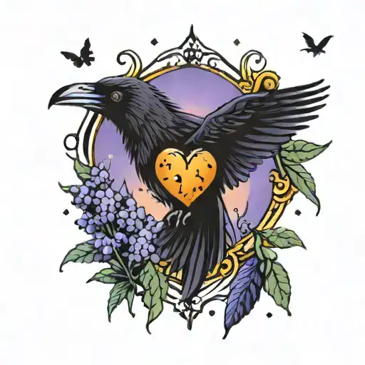Heart, fireflies, lavender, sun and rain, ravens tattoo design idea