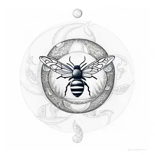 world with plants signifying changeing seasons around the circle. moon with filagree design. bee drawn with the botony e tattoo design idea