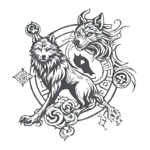 semicolon sol invictus with ying and yang and wolf  tattoo design idea