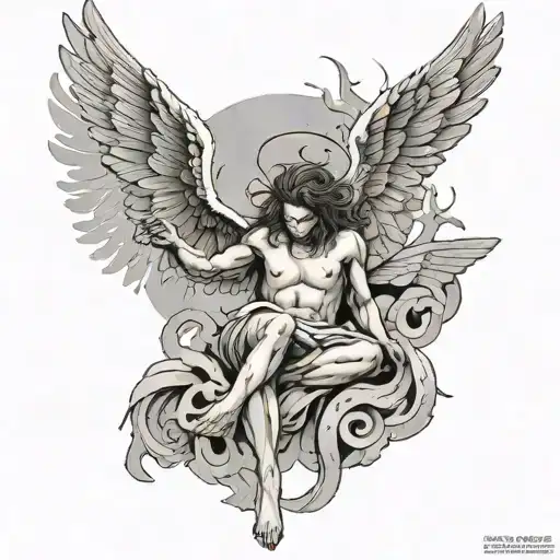 A tattoo of a fallen angel with broken wings, surrounded by Greek symbols and phrases related to the theme of rebellion tattoo design idea