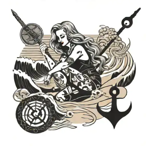 A mystical beach scene with occult symbols woven into the sand, featuring a beautiful woman emerging from the waves holding a Harley Quinn-inspired staff tattoo design idea