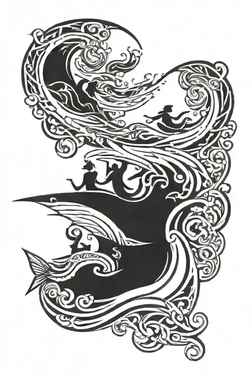 raging sea simple tribal tattoo depicting sirens singing tattoo design idea