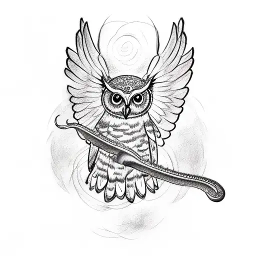 A detailed sketch of an owl in mid-flight, with its wings gracefully extended and clutching a lifeless snake tattoo design idea