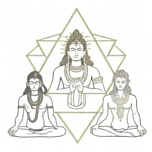 A geometric tattoo featuring the Hindu trinity of Brahma, Vishnu, and Shiva intertwined with symbols of love and family tattoo design idea