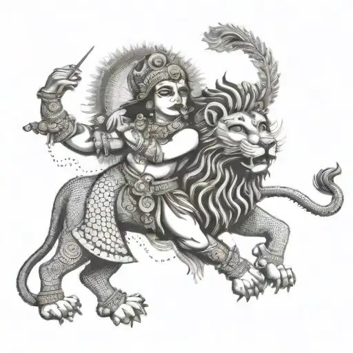 A contemporary design of Krishna dancing with a lion, representing the harmony between nature and divinity in fashion tattoo design idea