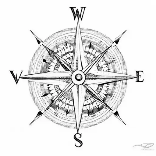 A beach landscape with a compass as the sun and waves as clock hands tattoo design idea