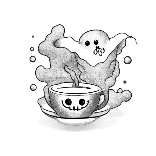 A cute ghost enjoying a cup of tea in a laboratory beaker tattoo design idea