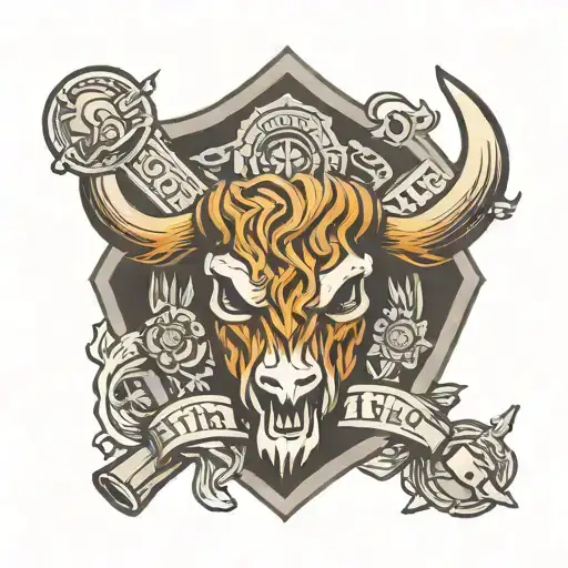 firefighting badge, Western style, Highland Cow skull tattoo design idea