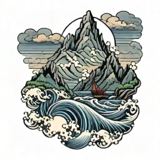 Sharp mountain peaks and the sea waves tattoo design idea