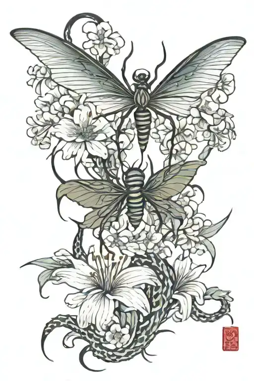 japanese spiderlily and dragonlfy tattoo design idea