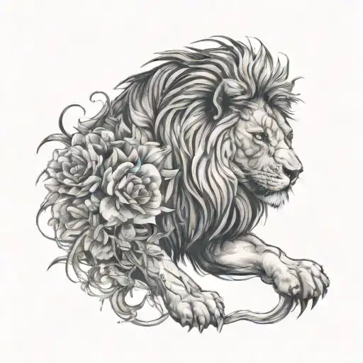 a lion wrapped in thorns and flowers with scars on its face and body ready to stand its ground  tattoo design idea