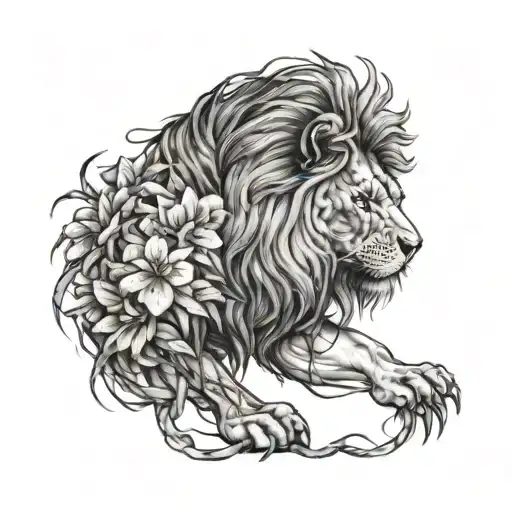 a lion wrapped in thorns and flowers with scars on its face and body ready to stand its ground  tattoo design idea