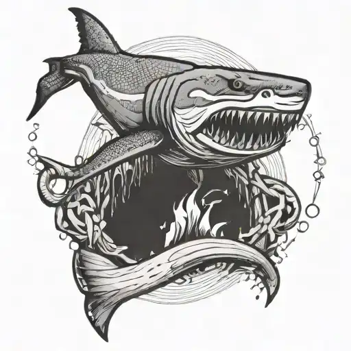 Create a dotwork tattoo of a shark breaking through a wooden union carpenter logo tattoo design idea