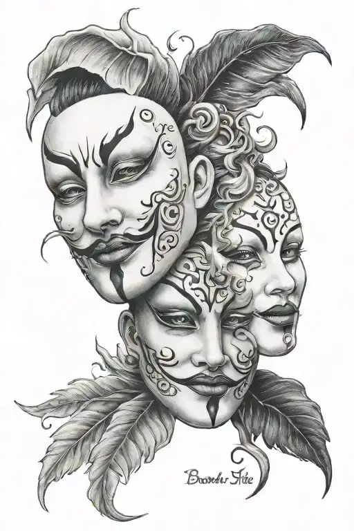 two theatre masks one happy one sad some thunders and the words "beauty in the struggle" tattoo design idea