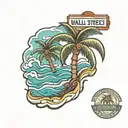 Palm Tree, water waves, two way street sign that says Wall Street and Edgewood  tattoo design idea