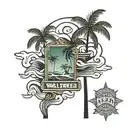Palm Tree, water waves, two way street sign that says Wall Street and Edgewood  tattoo design idea