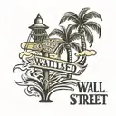 Palm Tree, water waves, two way street sign that says Wall Street and Edgewood  tattoo design idea