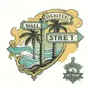 Palm Tree, water waves, two way street sign that says Wall Street and Edgewood  tattoo design idea