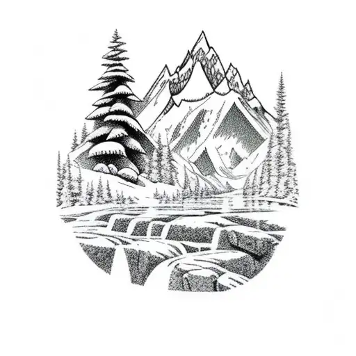 Mountain Scene with waterfall  tattoo design idea