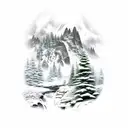 Mountain Scene with waterfall  tattoo design idea