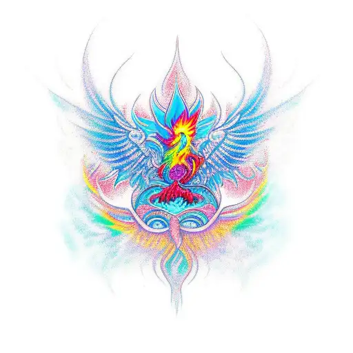 A vibrant new-school tattoo featuring a phoenix rising from a karma unalome enso tattoo design idea
