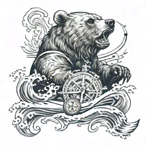 Bear roaring and clawing with waves crashing and with compass and anchor as a chest peice  tattoo design idea