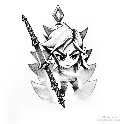 A dotwork portrait of Link from The Legend of Zelda holding the Master Sword tattoo design idea