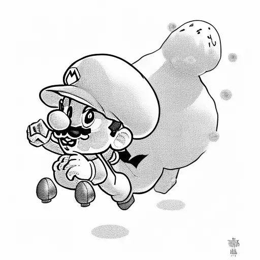 Super Mario riding a Yoshi through a pixelated Mushroom Kingdom tattoo design idea