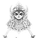 A dotwork portrait of Link from The Legend of Zelda holding the Master Sword tattoo design idea