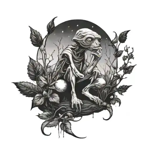 A melancholic scene of E.T. the alien surrounded by dead plants, symbolizing the beauty in sadness tattoo design idea