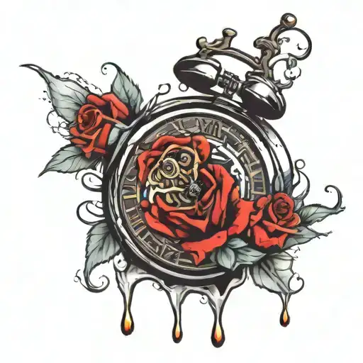 clock melting with roses dying  tattoo design idea