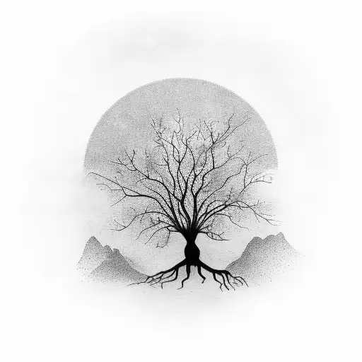 A philosophical quote with a black and grey illustration of a tree tattoo design idea