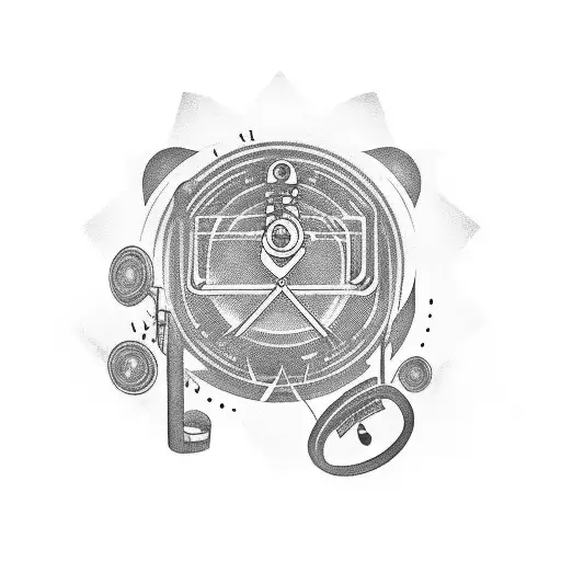 A music-themed black and grey tattoo showcasing a vinyl record surrounded by philosophical symbols tattoo design idea