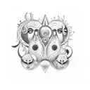 A surreal blackwork tattoo featuring elements from Tarsila do Amaral, Picasso, Francis Bacon, and Frida Kahlo's paintings tattoo design idea