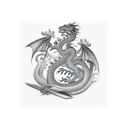 Dragon wrapped around sword creating chinese peace letter ping tattoo design idea