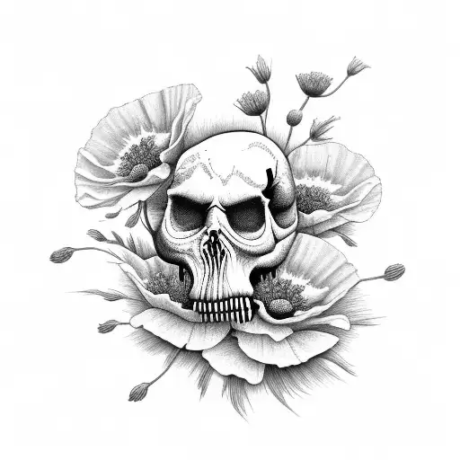 A T-Rex skull surrounded by poppies tattoo design idea