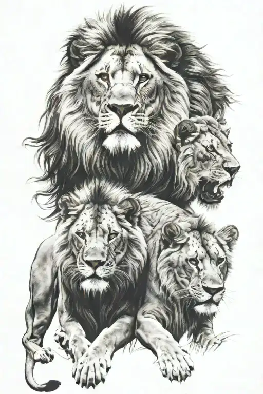 lion and lioness protecting her cubs tattoo design idea