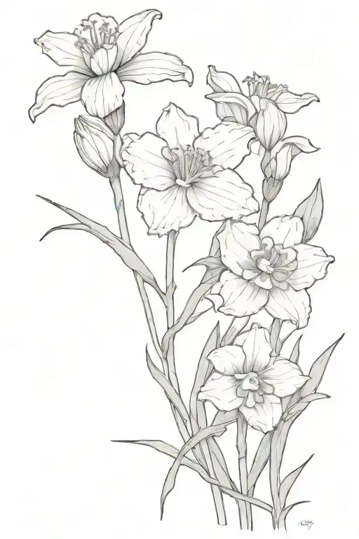 line tattoo of carnation, daffodil, two irises connected, two larkspurs connected and narcissus all in a small bouquet  tattoo design idea