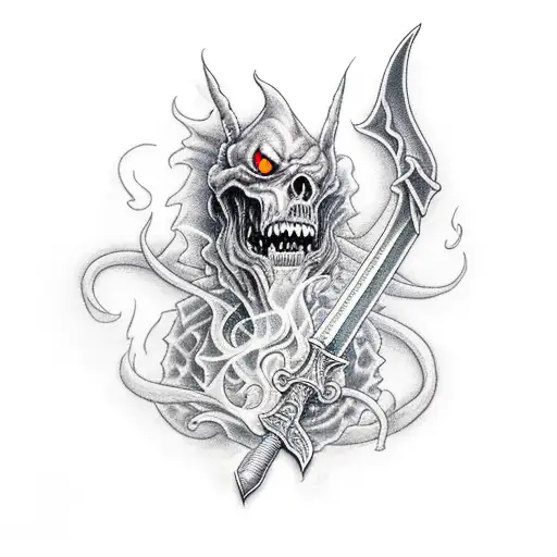 a fire breathing full body grim reaper holding a sword tattoo design idea