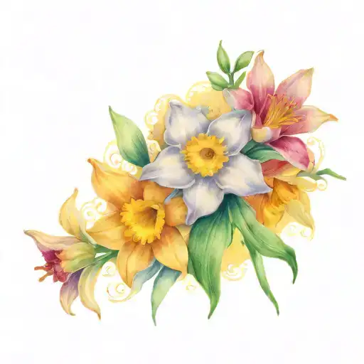 daffodil jonquil’s  Daisy with sweet pea Narcissis or Holly Rose and honeysuckle tattoo design idea