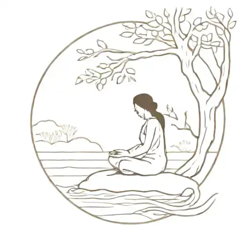 A minimalist tattoo design of a serene meditation pose under a tree by a flowing river tattoo design idea