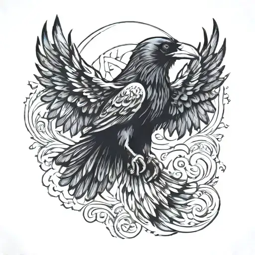 Raven looking behind spreading its Wings tattoo design idea