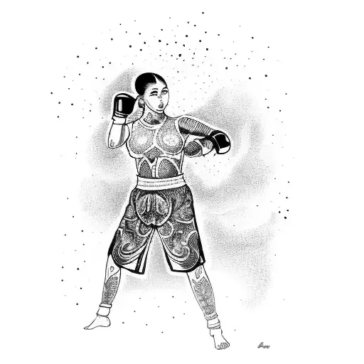 A dotwork tattoo of a muay thai fighter in action, with intricate details on the gloves and shorts tattoo design idea