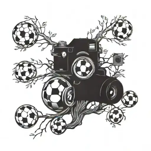 A family tree intertwined with soccer balls and cameras tattoo design idea