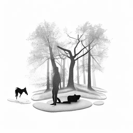 A silhouette of a person meditating in a serene forest with a horse and dog by their side tattoo design idea
