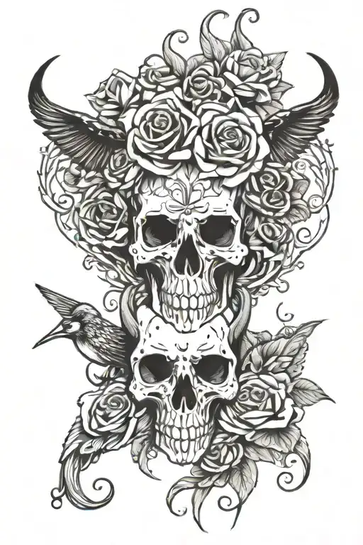 long horn skull with roses intertwined cardinals sitting on horns hummingbirds drinking from roses ladybug on the skull tattoo design idea