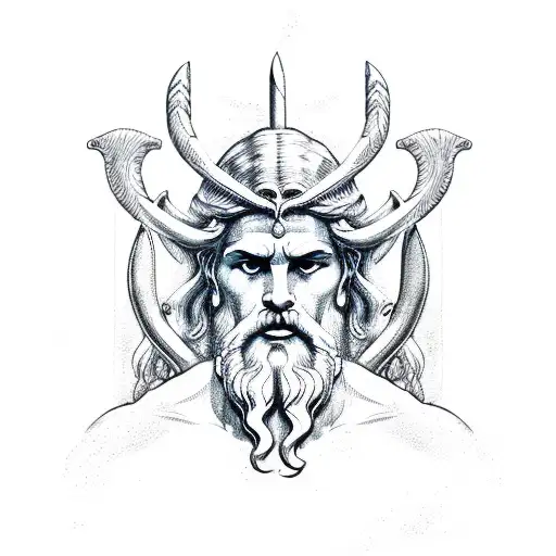 A sketch-style drawing of Poseidon, the Greek god of the sea, with his trident tattoo design idea