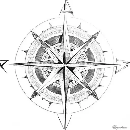 A dotwork tattoo depicting a compass rose surrounded by various sea animals tattoo design idea
