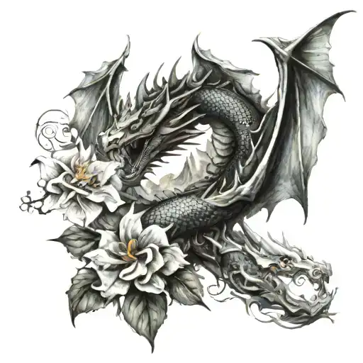 mountains and dragon in flowers tattoo design idea