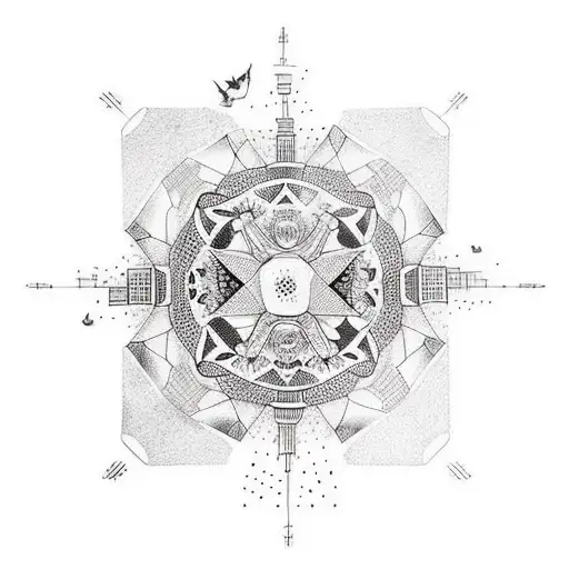 Incorporate a mandala into a cityscape with skyscrapers and fox between buildings to a sleeve tattoo design idea